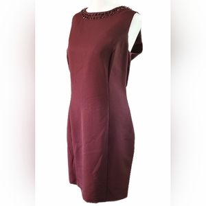 Embellished Neck Burgundy Midi Dress